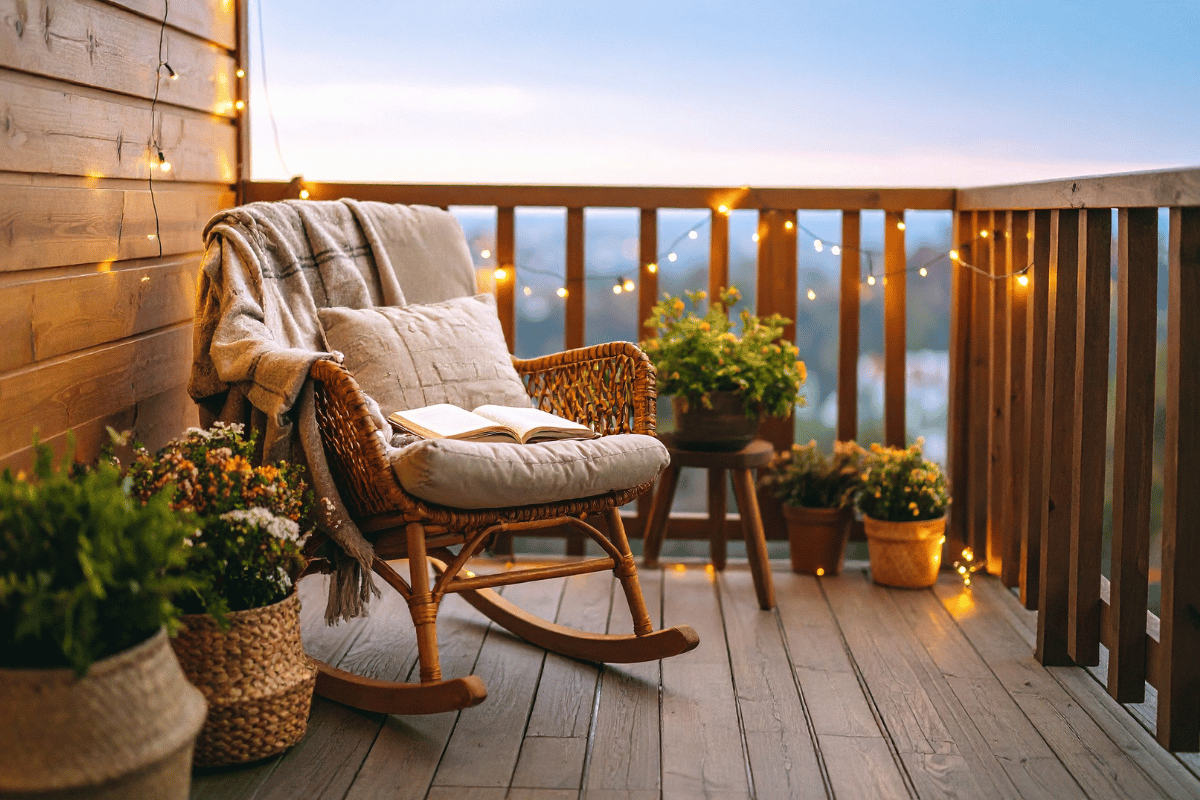 backyard patio evening string lights cozy