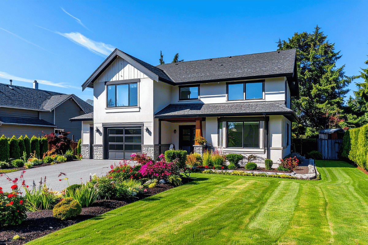 front yard landscaping flower beds walkway suburban home