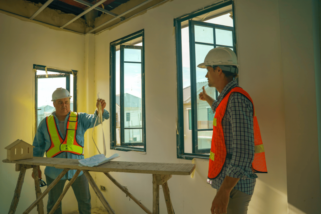 home renovation team discussing plans in modern house