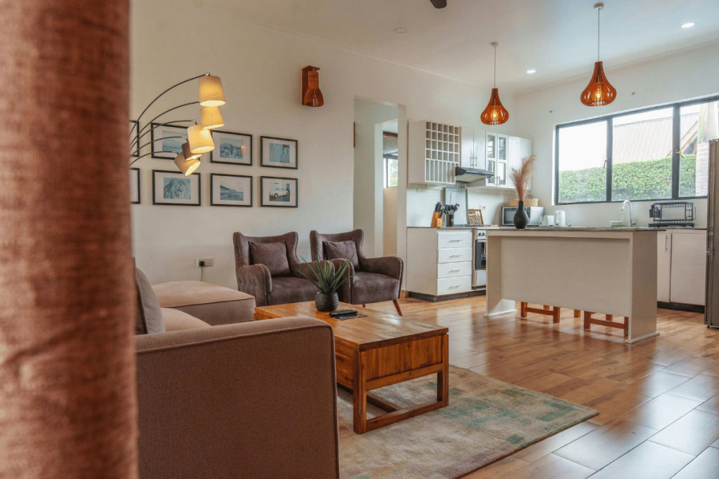 modern rental home interior kitchen living room bright