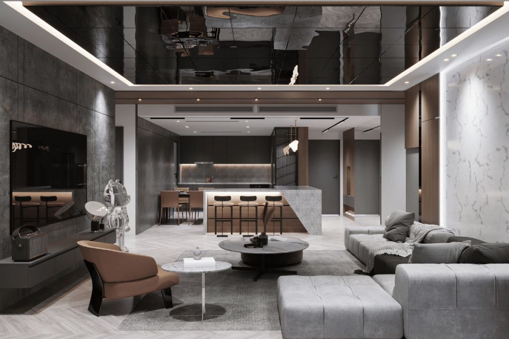 modern open concept living room kitchen interior