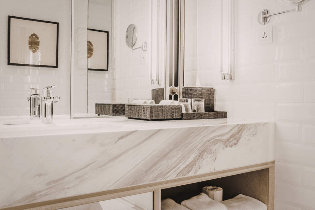modern small bathroom renovation bright white vanity